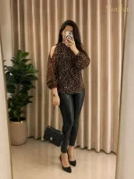بلوز یقه کش دوزی سرشانه خالی حریر پلنگی کد ۴۴۲۶