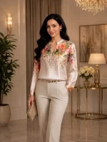 بلوز یقه چاکدار ساتن حاشیه دار